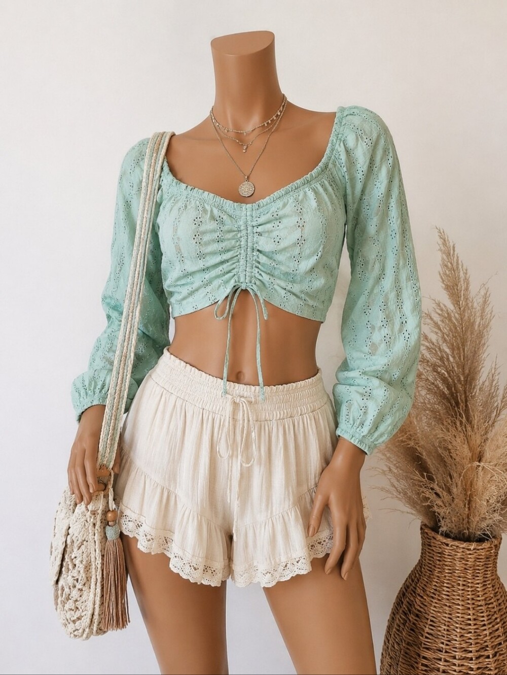 Japna Mint Green Eyelet Cropped Long Sleeve Blouse Size Small